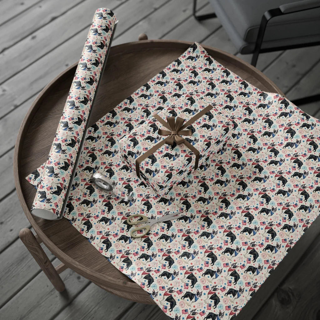 Boston Terrier Americana Wrapping Paper — gift wrapping presented on a wooden table
