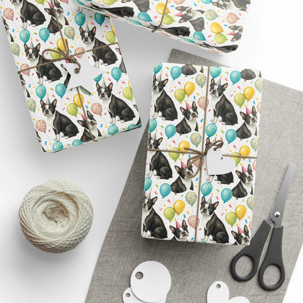 Boston Terrier Birthday Party Wrapping Paper — styled gift wrapping with scissors and twine