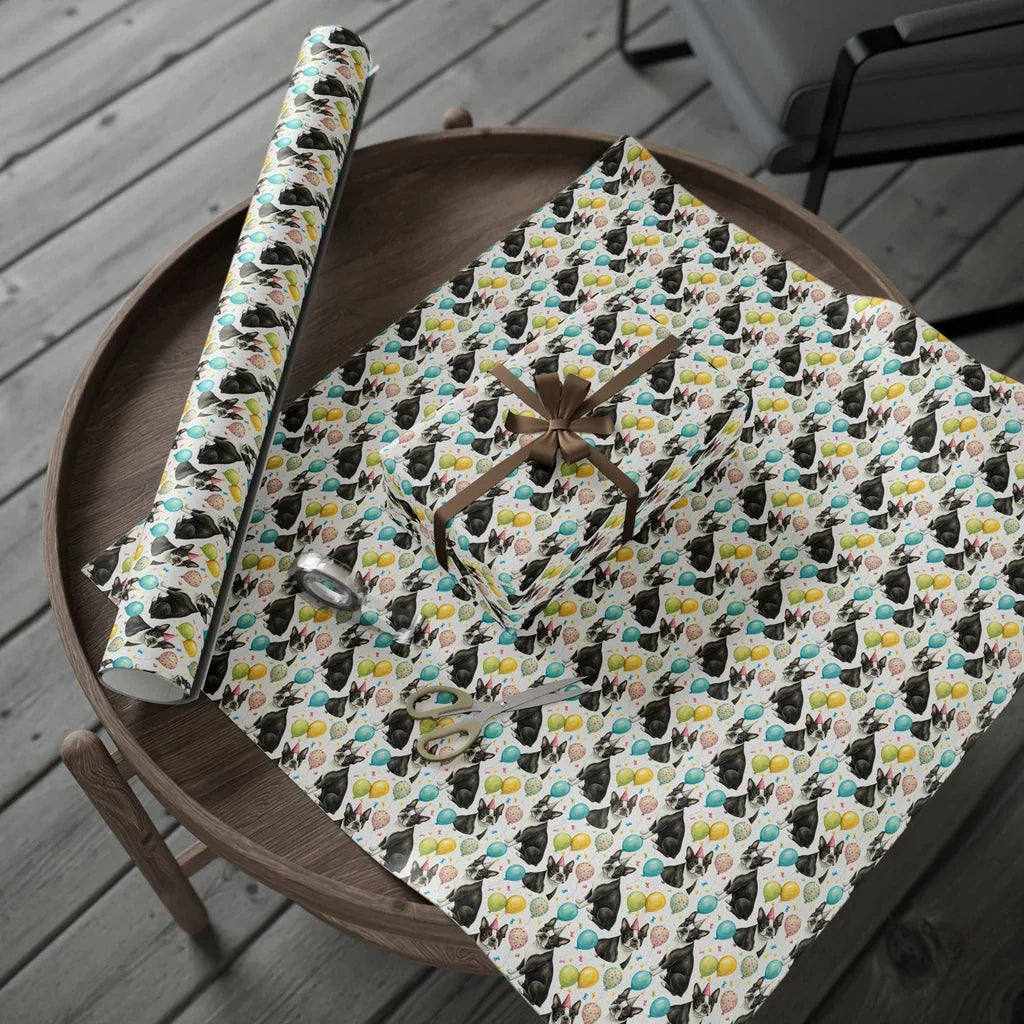 Boston Terrier Birthday Party Wrapping Paper — gift wrapping presented on a wooden table
