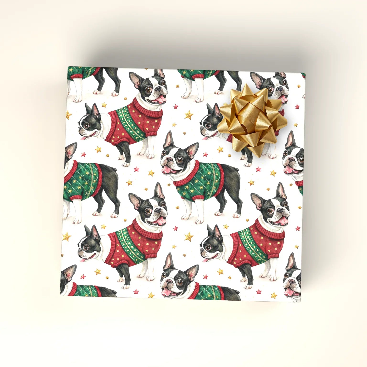Boston Terrier Christmas Ugly Sweater Wrapping Paper — wrapped gift presentation