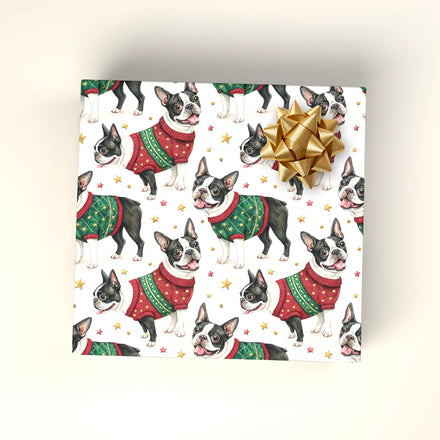 Ugly Sweater Boston Terrier Christmas Wrapping Paper