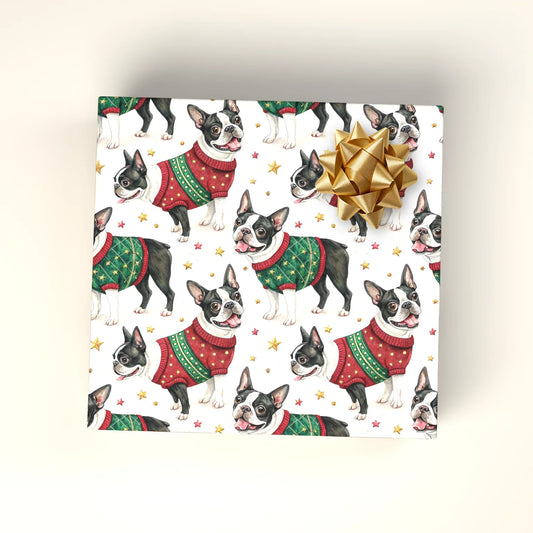 Boston Terrier Christmas Ugly Sweater Wrapping Paper — wrapped gift presentation