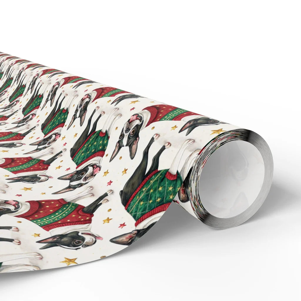 Boston Terrier Christmas Ugly Sweater Wrapping Paper — paper roll