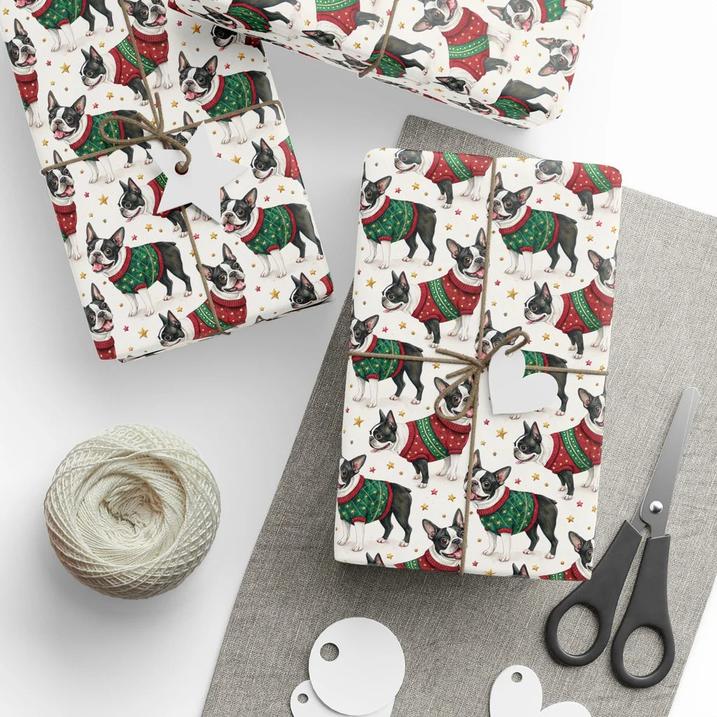Boston Terrier Christmas Ugly Sweater Wrapping Paper — styled gift wrapping with scissors and twine