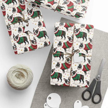 Boston Terrier Christmas Ugly Sweater Wrapping Paper — styled gift wrapping with scissors and twine