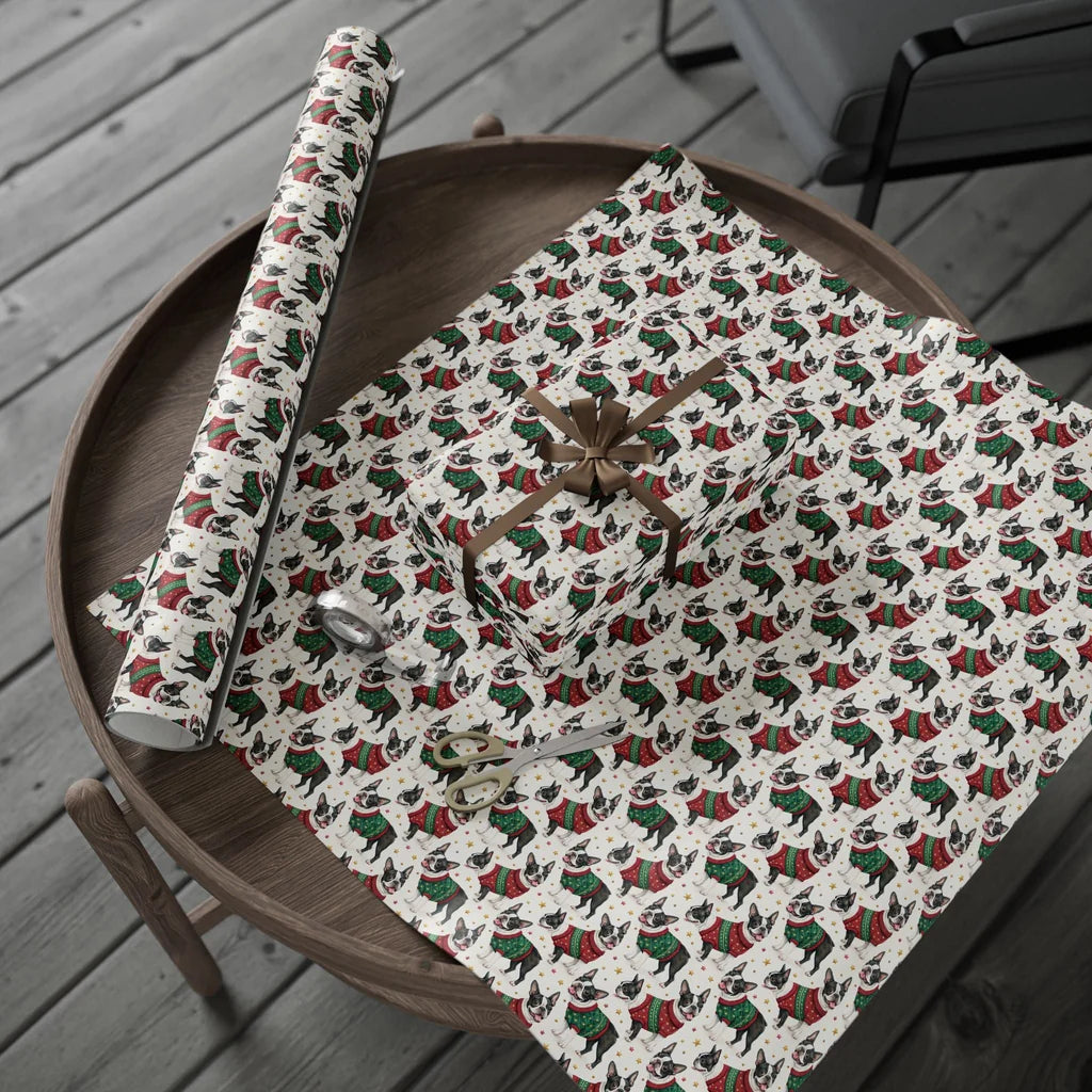 Boston Terrier Christmas Ugly Sweater Wrapping Paper — gift wrapping presented on a wooden table