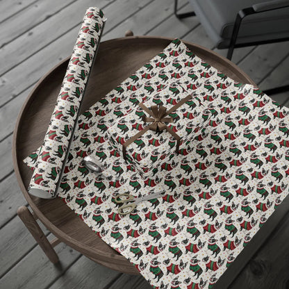 Boston Terrier Christmas Ugly Sweater Wrapping Paper — gift wrapping presented on a wooden table