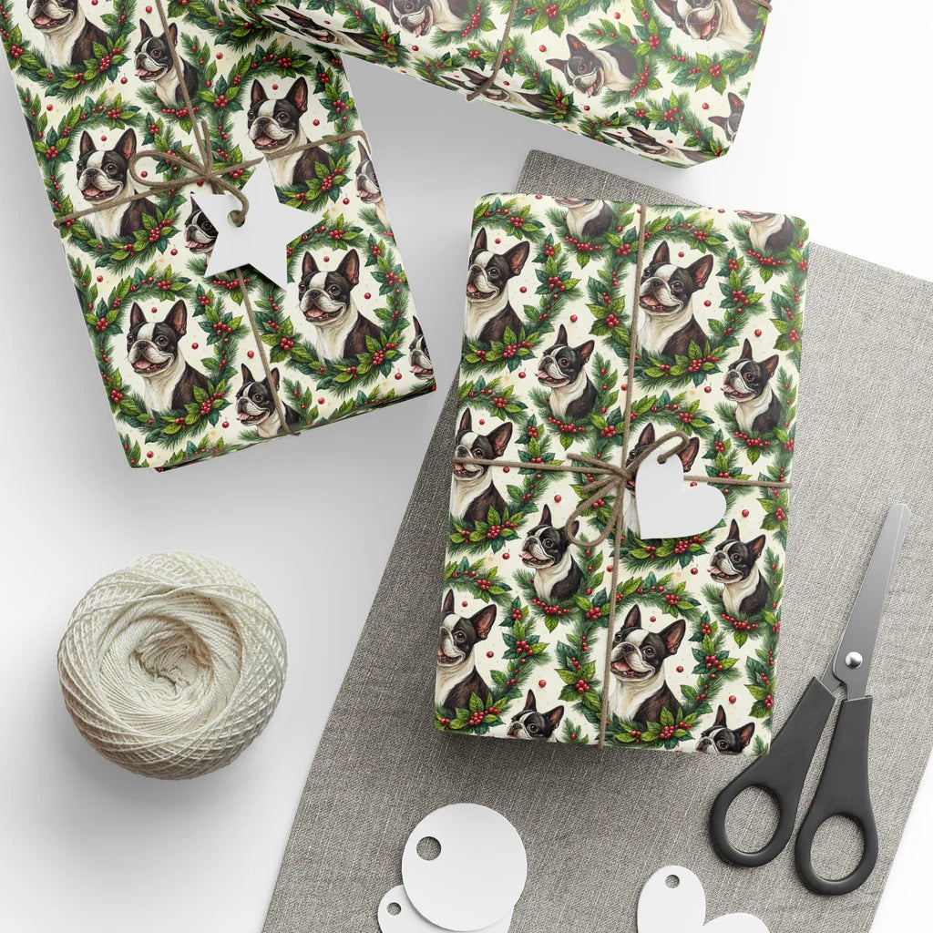 Boston Terrier Christmas Wrapping Paper — styled gift wrapping with scissors and twine