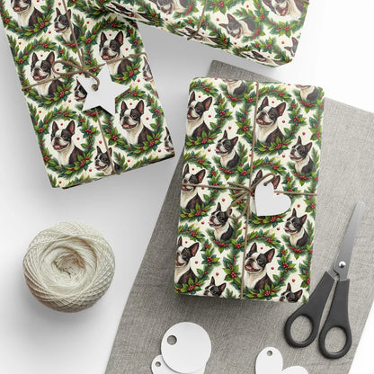 Boston Terrier Christmas Wrapping Paper — styled gift wrapping with scissors and twine