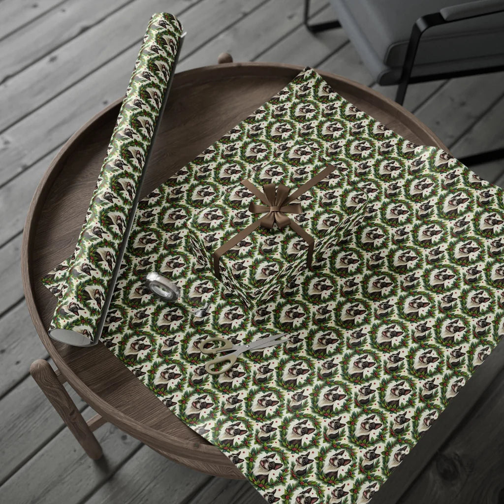Boston Terrier Christmas Wrapping Paper — gift wrapping presented on a wooden table