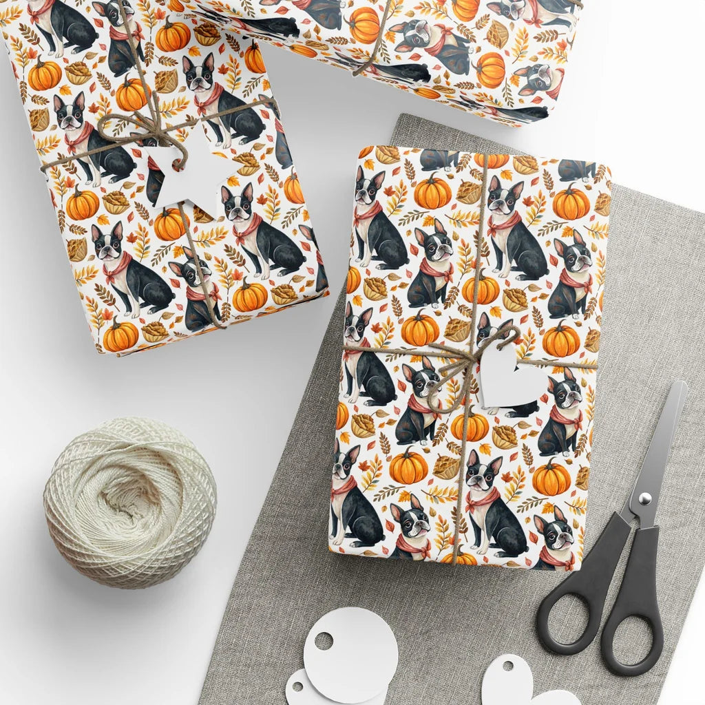 Boston Terrier Fall Harvest Wrapping Paper — styled gift wrapping with scissors and twine