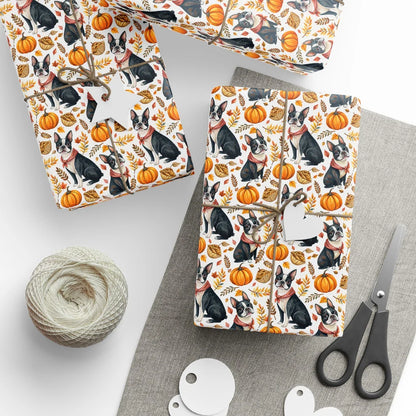 Boston Terrier Fall Harvest Wrapping Paper — styled gift wrapping with scissors and twine