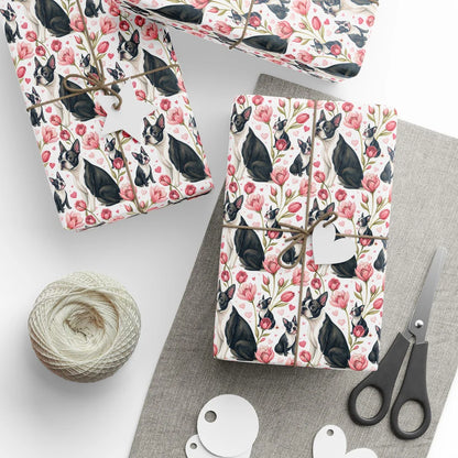 Boston Terrier Floral Wrapping Paper — styled gift wrapping with scissors and twine