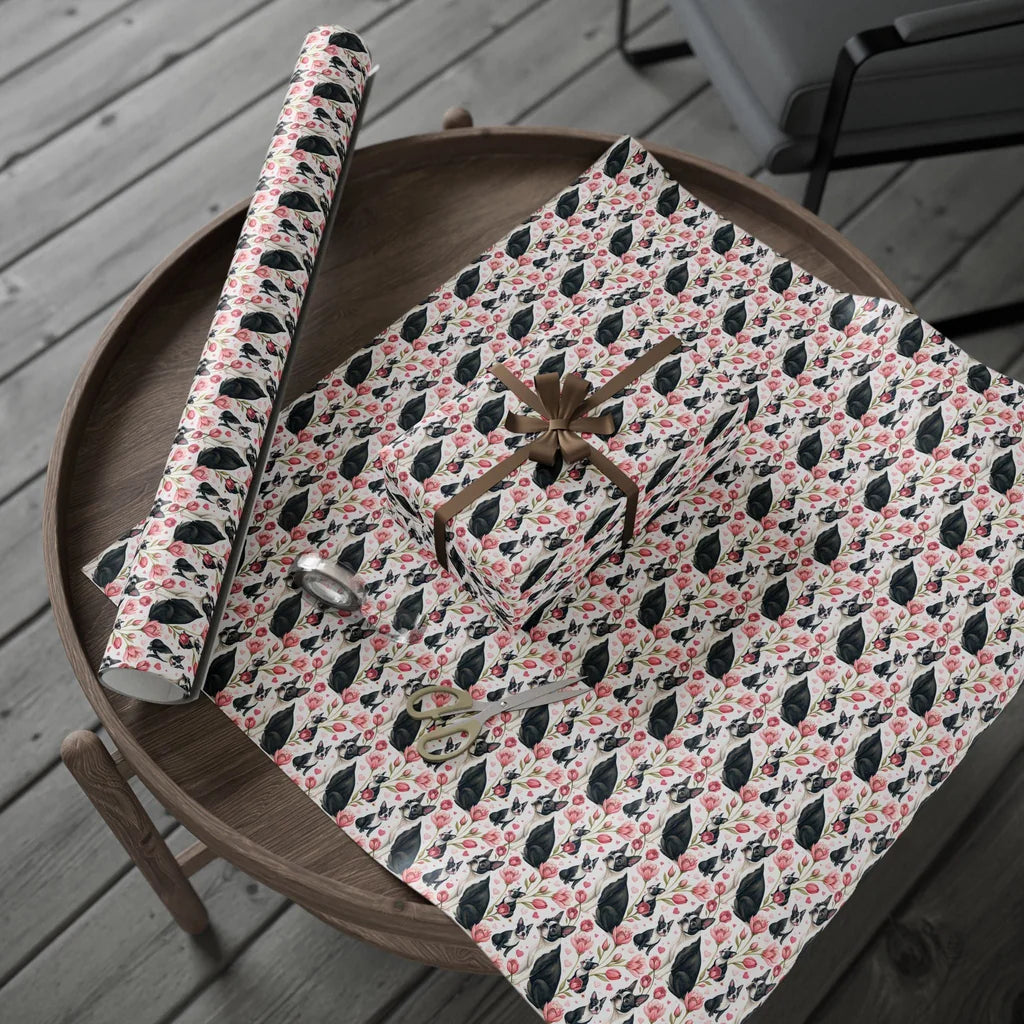 Boston Terrier Floral Wrapping Paper — gift wrapping presented on a wooden table