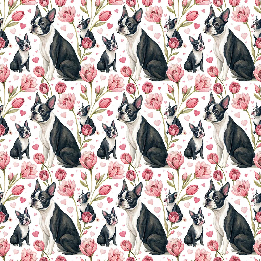 Boston Terrier Floral Wrapping Paper — repeating pattern tile