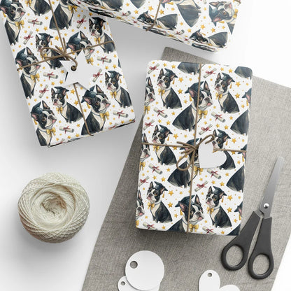 Boston Terrier Graduation Wrapping Paper — styled gift wrapping with scissors and twine