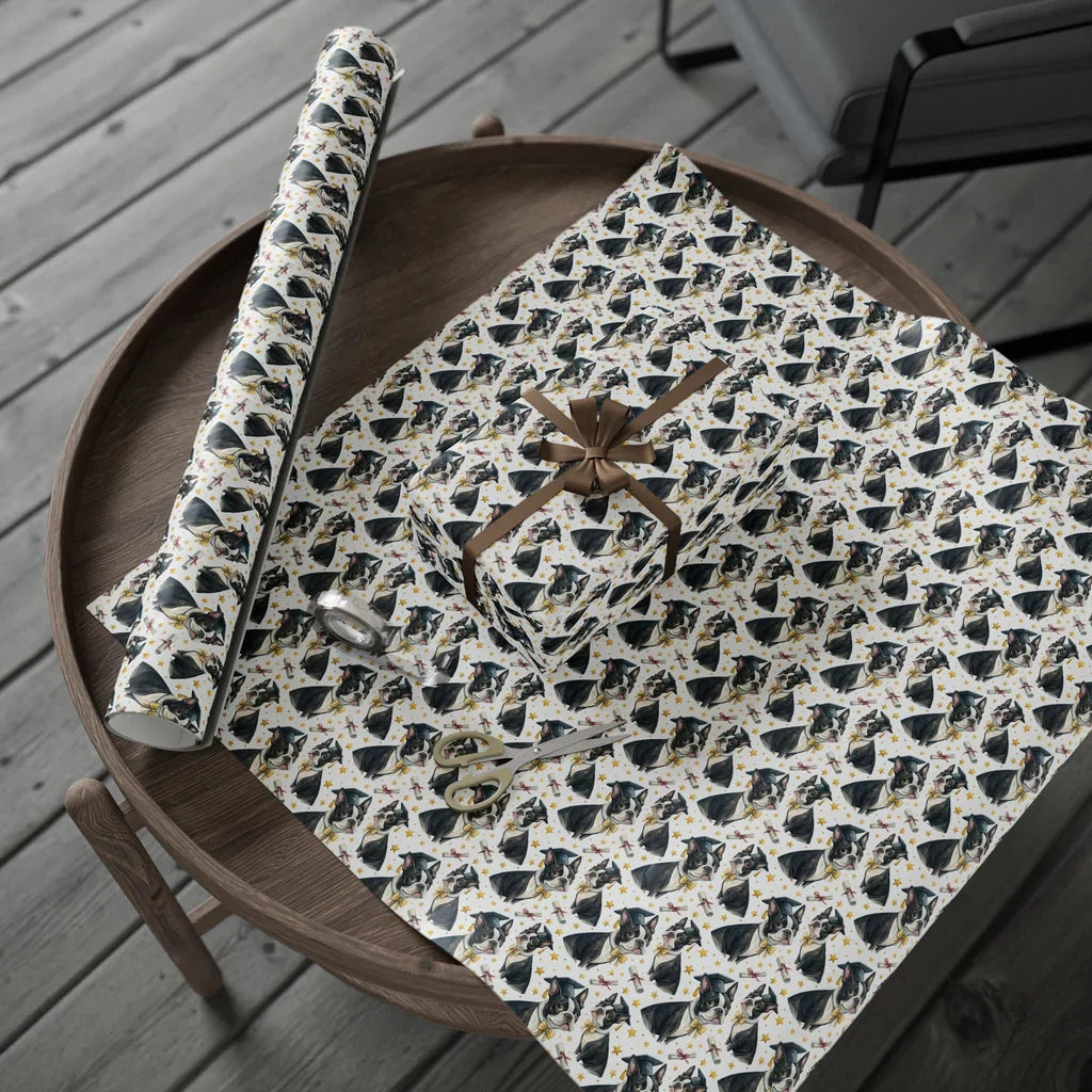 Boston Terrier Graduation Wrapping Paper — gift wrapping presented on a wooden table