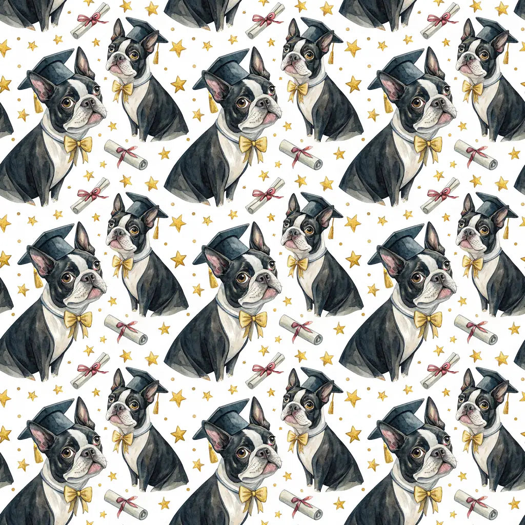 Boston Terrier Graduation Wrapping Paper — repeating pattern tile