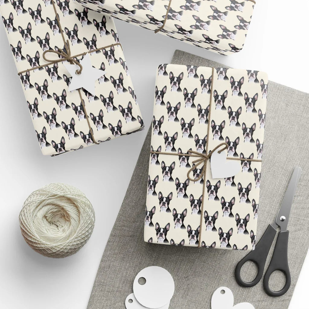 Boston Terrier Portrait Wrapping Paper — styled gift wrapping with scissors and twine