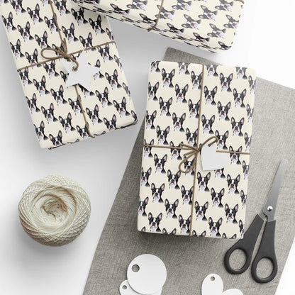 Boston Terrier Portrait Wrapping Paper — styled gift wrapping with scissors and twine