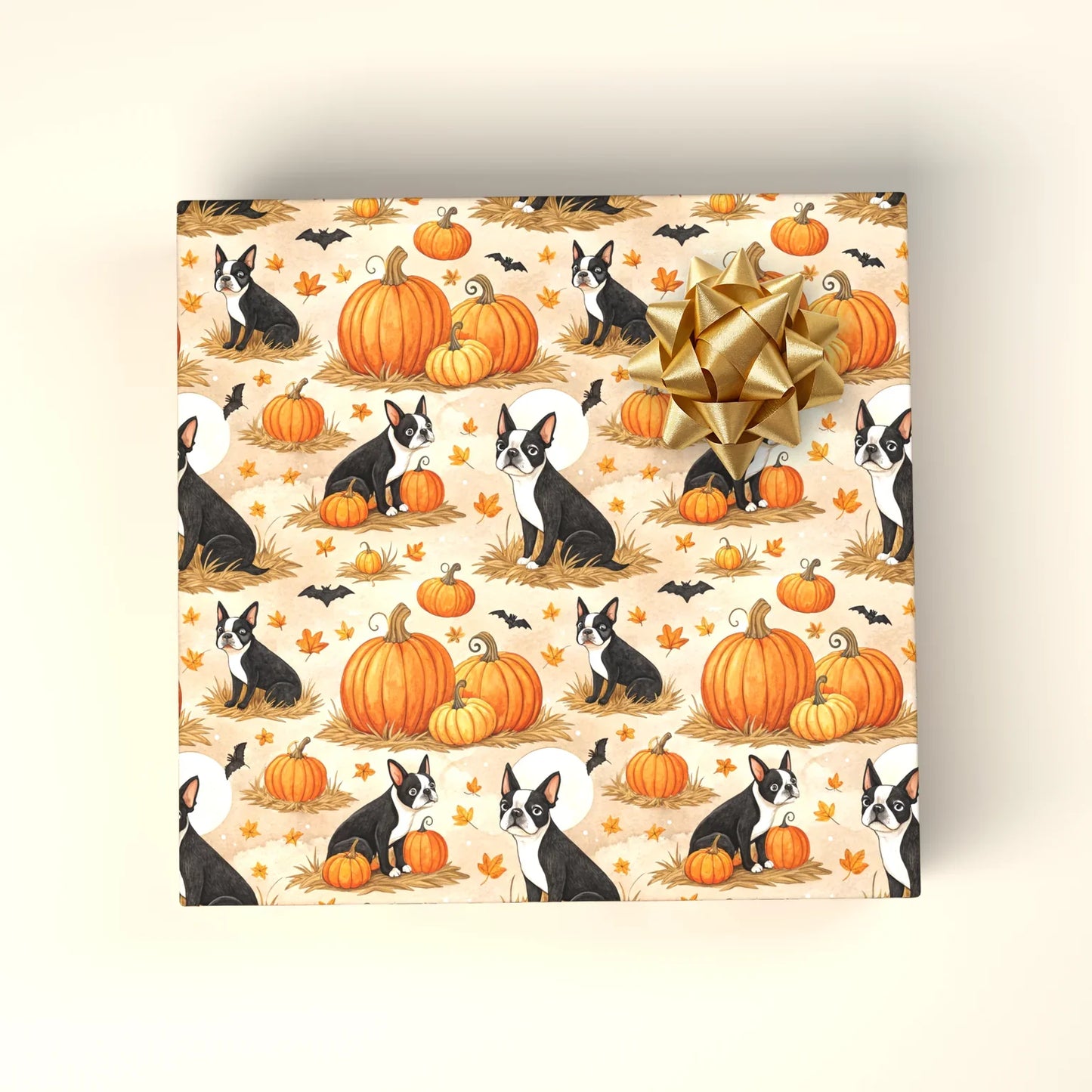 Boston Terrier Pumpkin Patch Wrapping Paper — wrapped gift presentation