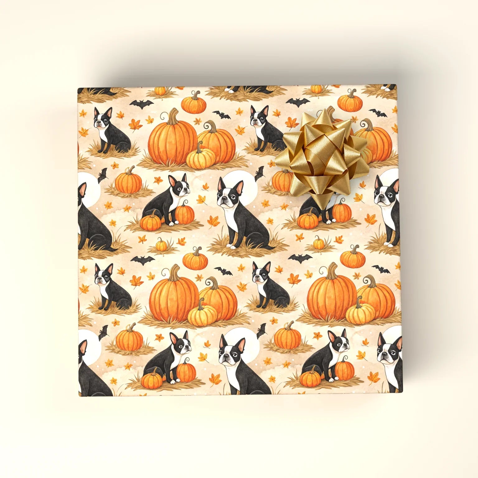 Boston Terrier Pumpkin Patch Wrapping Paper — wrapped gift presentation