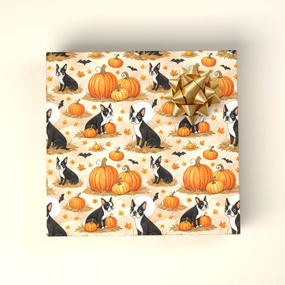 Boston Terrier Pumpkin Patch Wrapping Paper — wrapped gift presentation