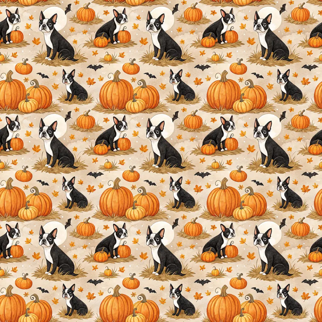 Boston Terrier Pumpkin Patch Wrapping Paper — repeating pattern tile