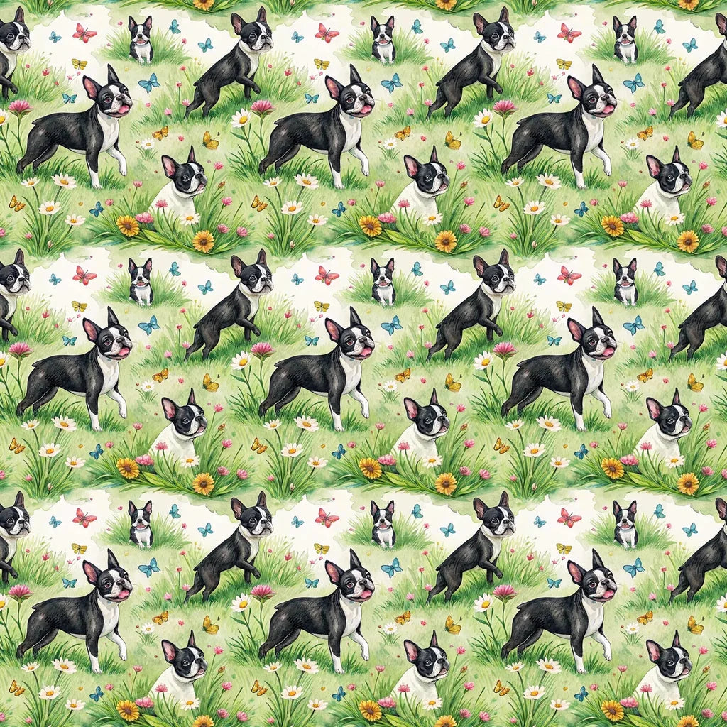 Boston Terrier Spring Garden Wrapping Paper — styled gift wrapping with scissors and twine