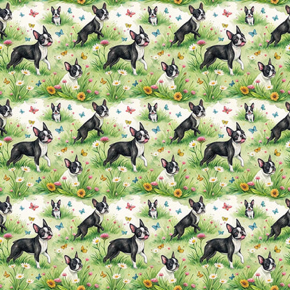 Boston Terrier Spring Garden Wrapping Paper — styled gift wrapping with scissors and twine