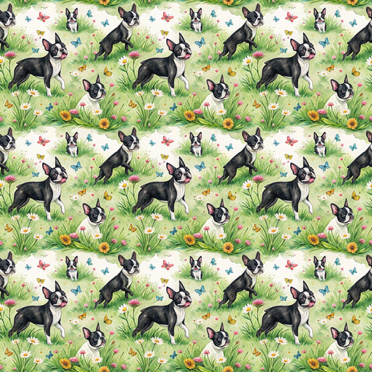 Boston Terrier Spring Meadow Wrapping Paper — repeating pattern tile