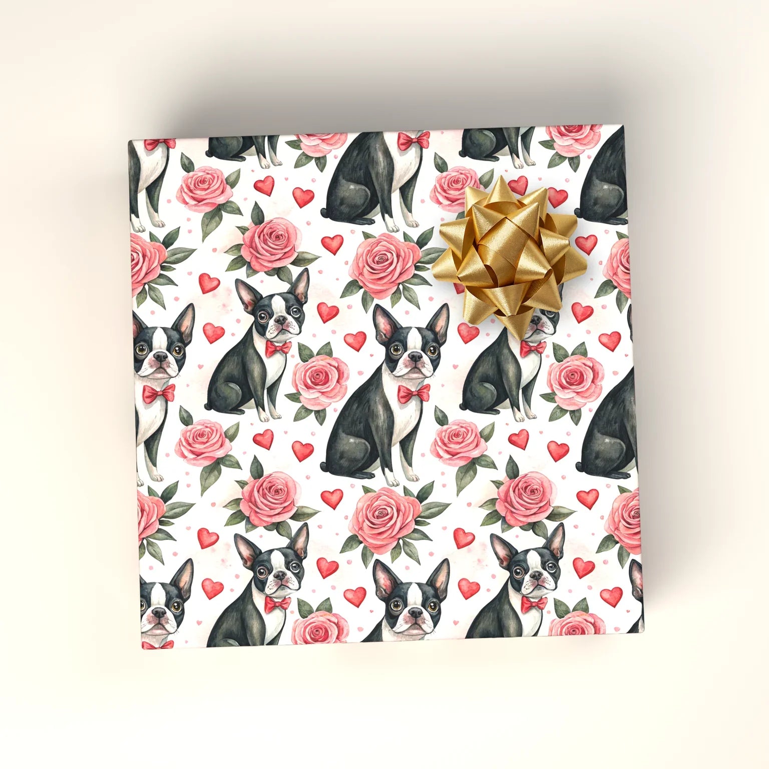 Boston Terrier Valentine's Day Wrapping Paper — wrapped gift presentation
