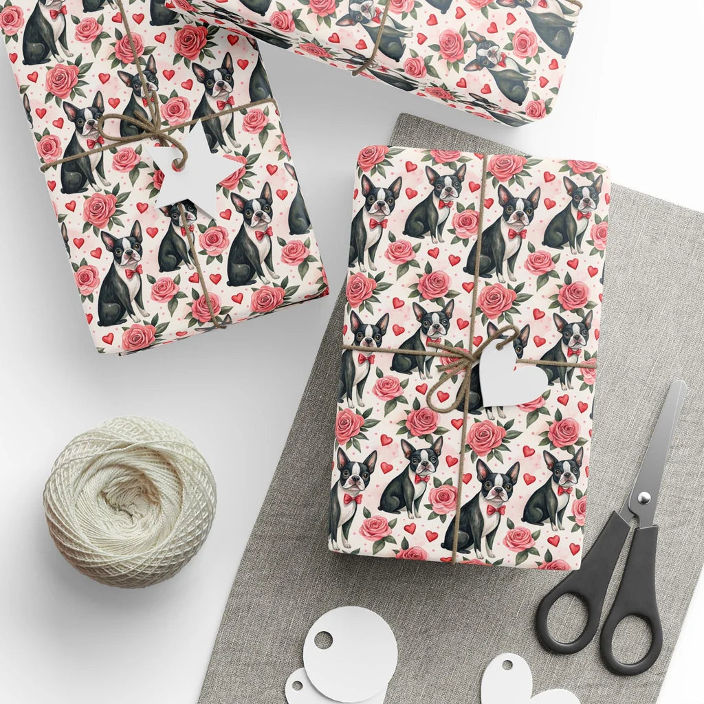Boston Terrier Valentine's Day Wrapping Paper — styled gift wrapping with scissors and twine