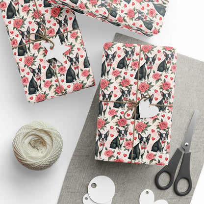Boston Terrier Valentine's Day Wrapping Paper — styled gift wrapping with scissors and twine