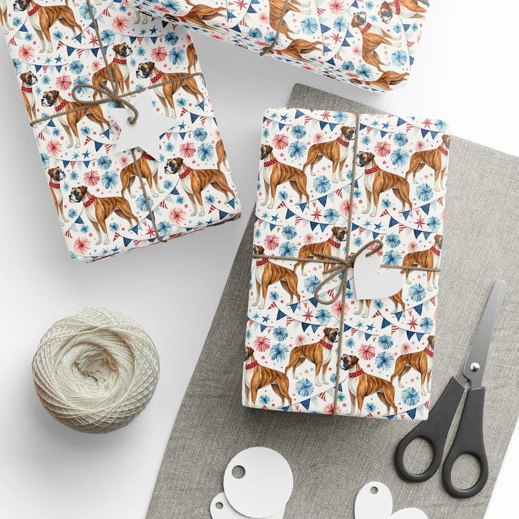 Boxer Americana Wrapping Paper — styled gift wrapping with scissors and twine