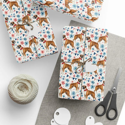 Boxer Americana Wrapping Paper — styled gift wrapping with scissors and twine