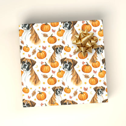 Boxer Dog Autumn Pumpkin Wrapping Paper — wrapped gift presentation