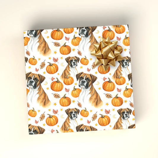 Boxer Dog Autumn Pumpkin Wrapping Paper — wrapped gift presentation