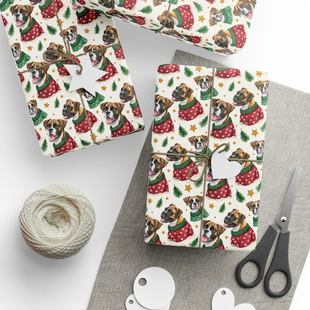 Boxer Dog Christmas Ugly Sweater Wrapping Paper — styled gift wrapping with scissors and twine
