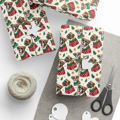 Boxer Dog Christmas Ugly Sweater Wrapping Paper — styled gift wrapping with scissors and twine
