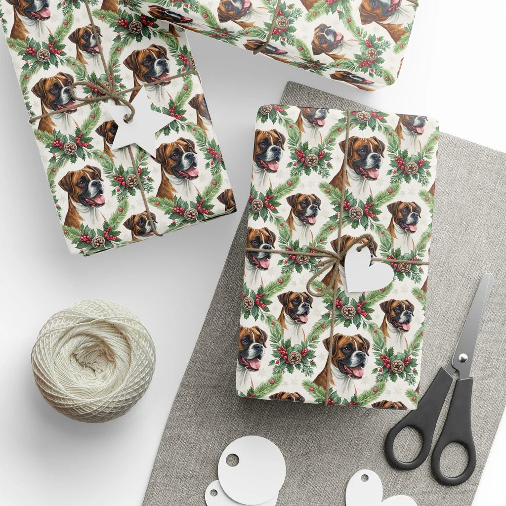 Boxer Dog Christmas Wrapping Paper — styled gift wrapping with scissors and twine