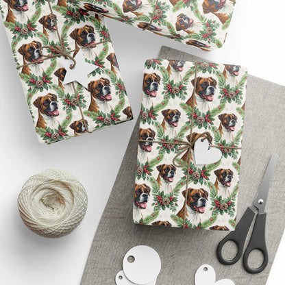 Boxer Dog Christmas Wrapping Paper — styled gift wrapping with scissors and twine