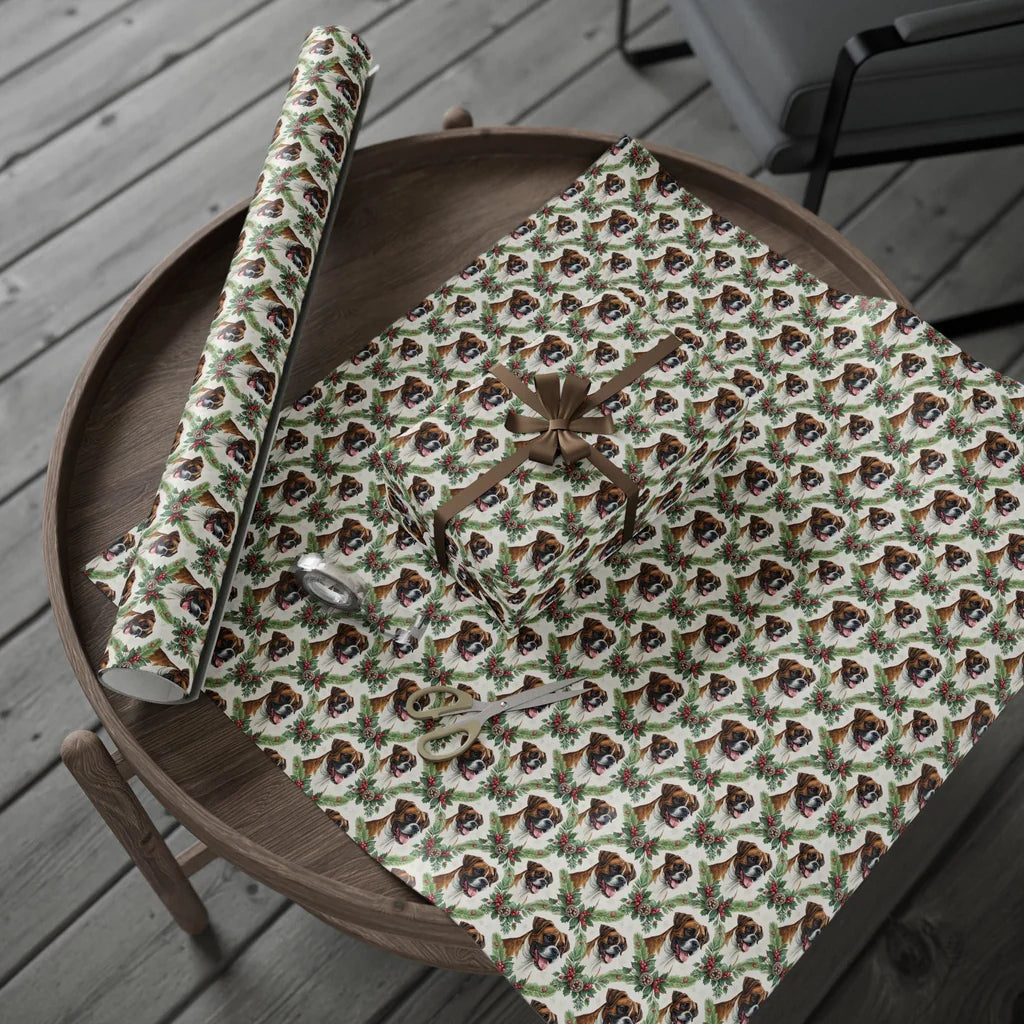 Boxer Dog Christmas Wrapping Paper — gift wrapping presented on a wooden table