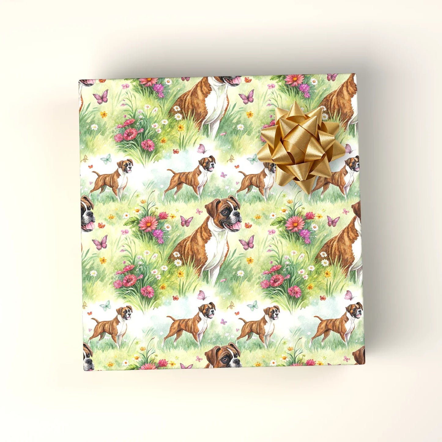 Boxer Dog Spring Meadow Wrapping Paper — wrapped gift presentation
