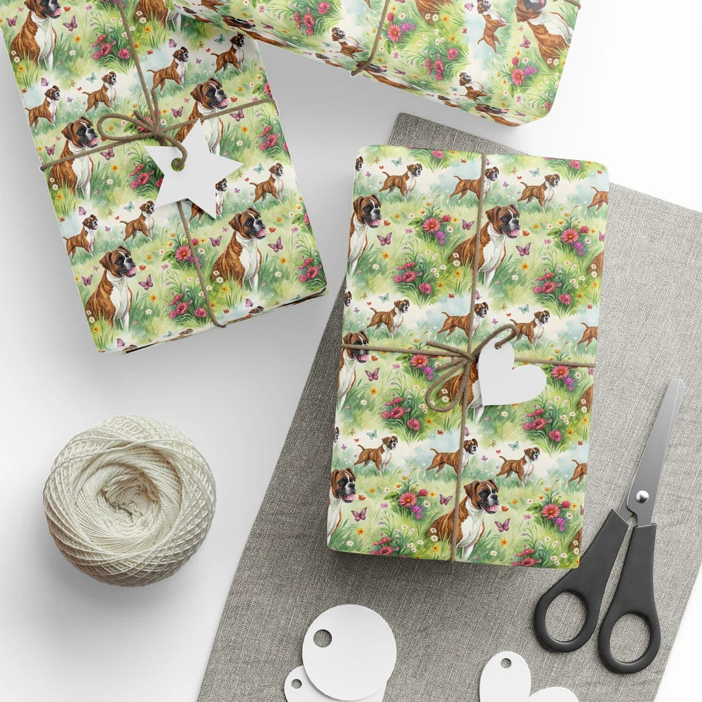Boxer Dog Spring Meadow Wrapping Paper — styled gift wrapping with scissors and twine