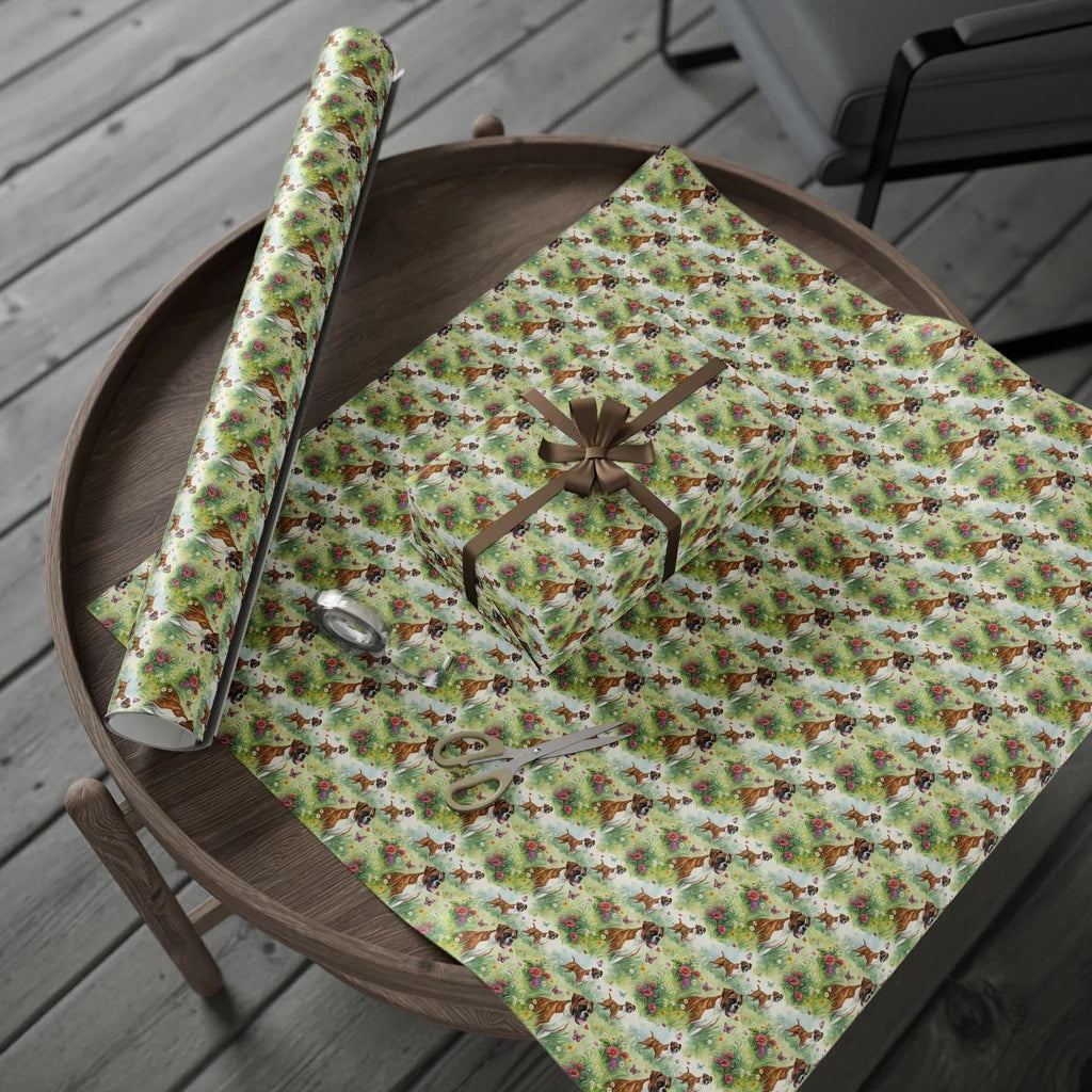 Boxer Dog Spring Meadow Wrapping Paper — gift wrapping presented on a wooden table