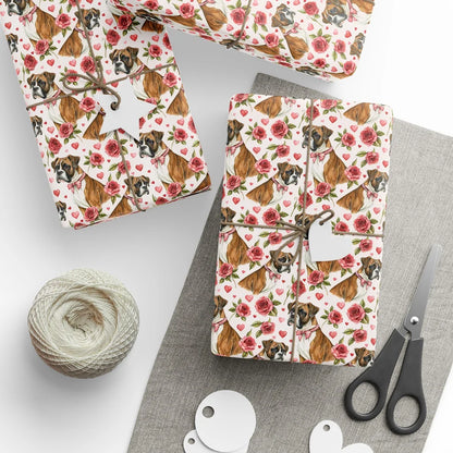Boxer Dog Valentine Wrapping Paper — styled gift wrapping with scissors and twine
