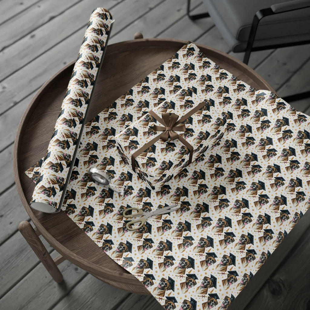 Boxer Graduation Wrapping Paper — gift wrapping presented on a wooden table