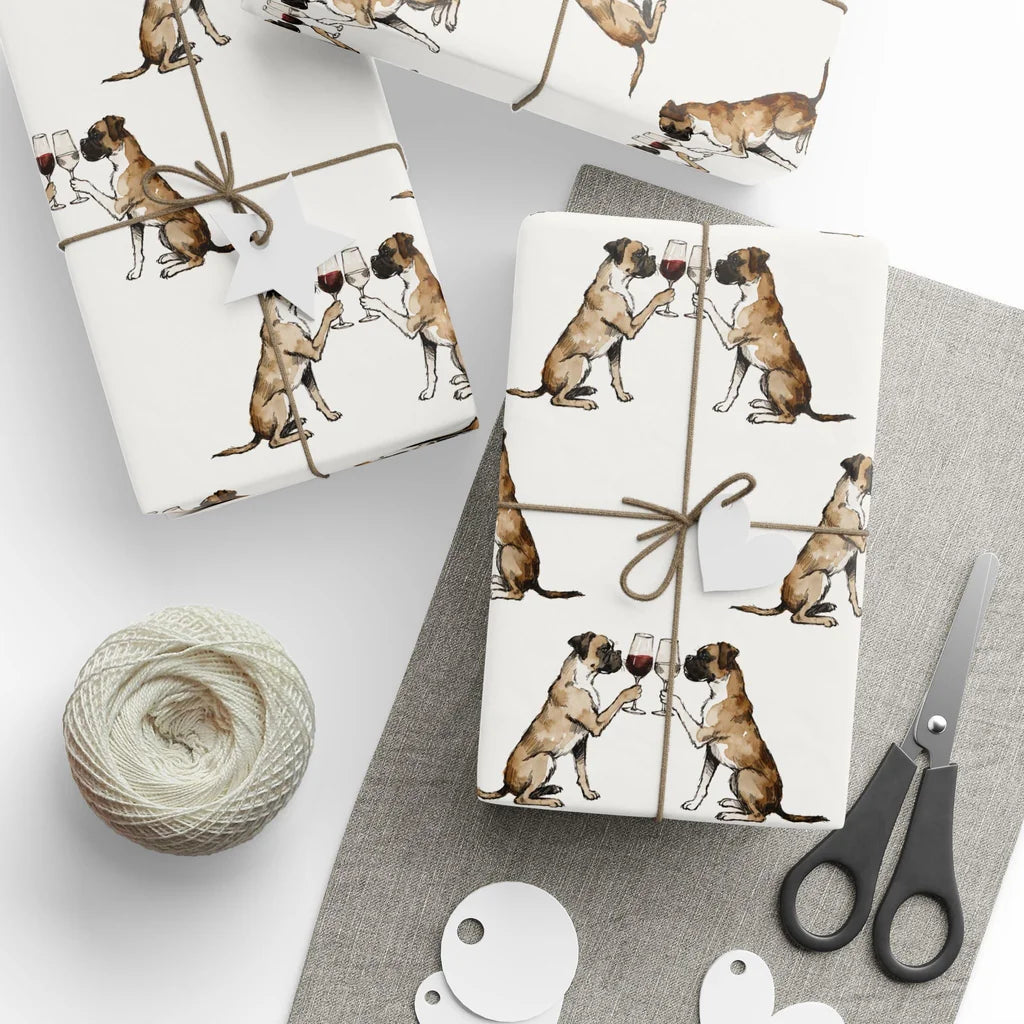 Boxer Happy Hour Wrapping Paper — styled gift wrapping with scissors and twine