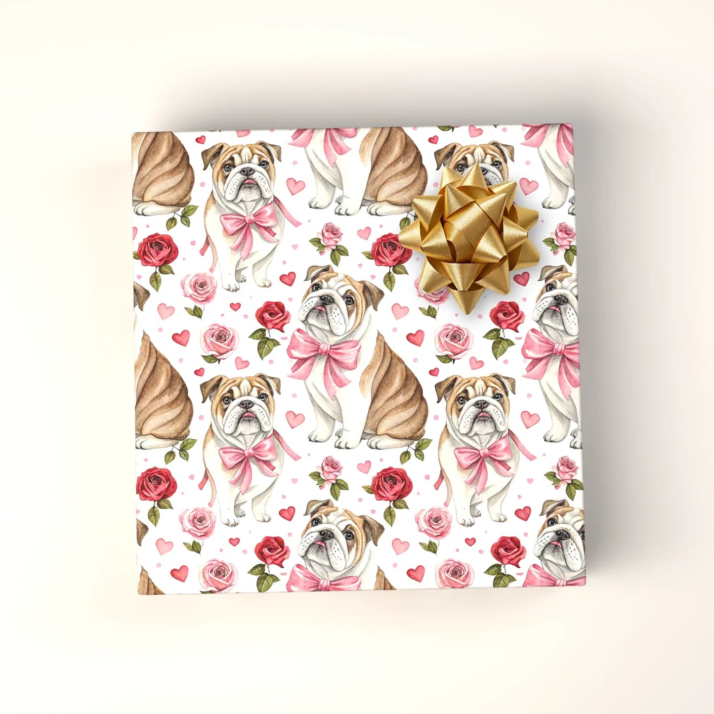Bulldog Valentine Wrapping Paper with Roses and Bows — wrapped gift presentation